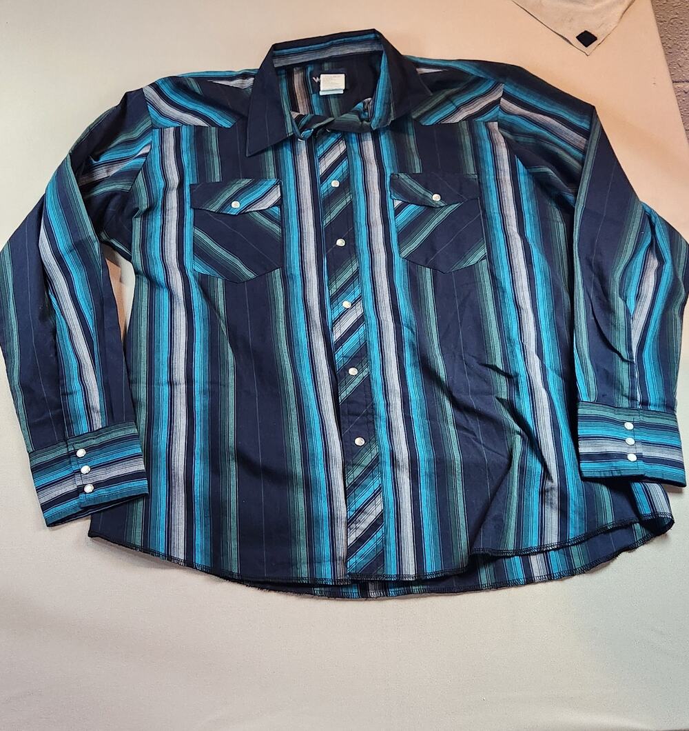 Wrangler Western Shirt Mens XL Teal Striped Pearl Snap Cowboy 75201AA